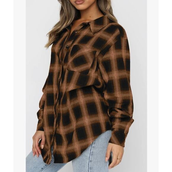 New Chyrii Womens Boyfriends Flannel Shirt Medium Black Brown Plaid Button Down - Picture 3 of 8